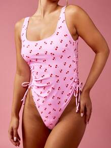 MISSGUIDED Cherry Pattern Ruched One Piece Swimsuit High Cut Beach Vacation Swimming Pool Party Bathing Suit - Pink - View 1