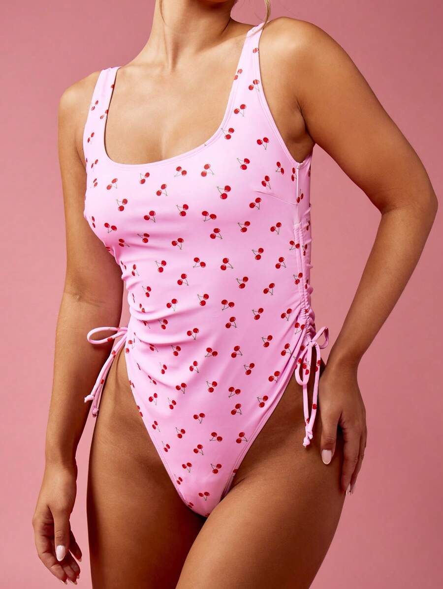 MISSGUIDED Cherry Pattern Ruched One Piece Swimsuit High Cut Beach Vacation Swimming Pool Party Bathing Suit - Pink - View 1