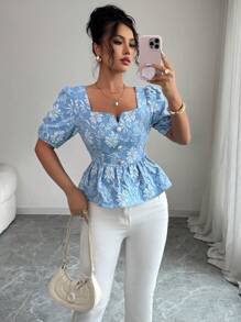 SHEIN Unity Women's Regular Floral Jacquard Puff Sleeve Open Collar Ruffle Hem Pearl Decor Button Down Shirt, Elegant Romantic Casual Work Holiday Versatile, Spring/Summer - Blue - View 4