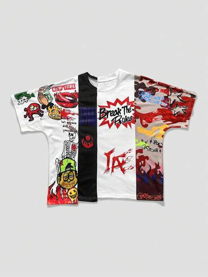 Street Life Herren Farbblock Graffiti Muster Rundhals Kurzarm T-Shirt