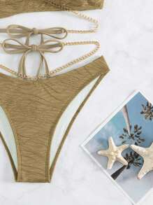 Swim SXY 海灘夏季女款鍊條細節比基尼泳衣套裝 - 卡其色 - 查看 4