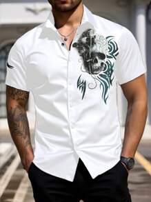 Manfinity Homme 男士夏季骷髅印花单排扣休闲衬衫 - 白色 - 查看 1