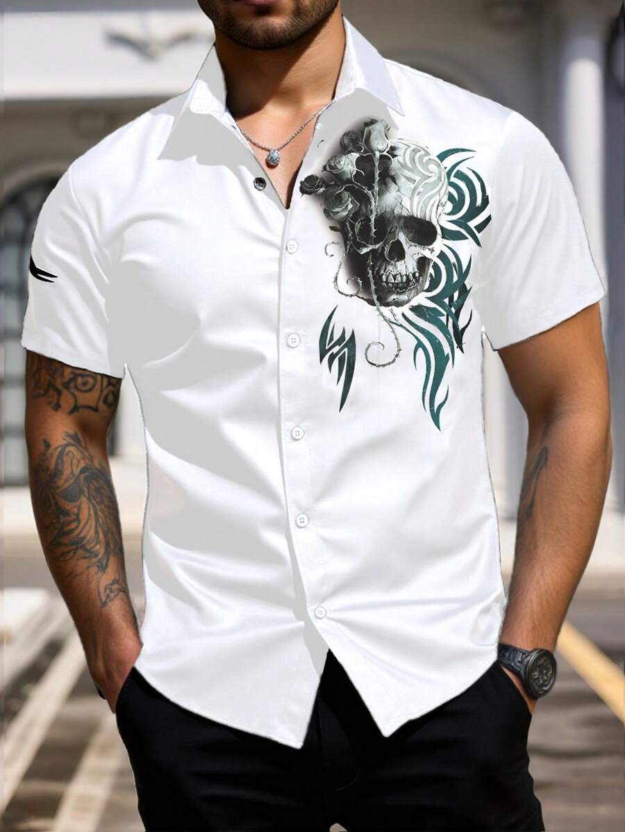 Manfinity Homme 男士夏季骷髅印花单排扣休闲衬衫 - 白色 - 查看 1