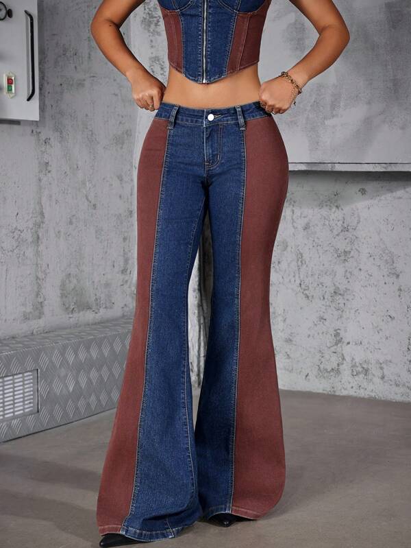 Jeanoix Women Denim & Suede Patchwork Super Low Waist Flared Pants