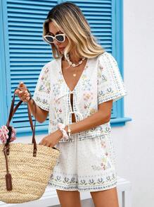 Vivid Eden 2 件套女士度假休闲花卉印花衬衫和短裤套装、女士夏季套装、女士夏装、度假、度假风格、女士花卉印花两件套、女士两件套服装、女士沙滩装、夏季花卉两件套 - 藍色 - 查看 3