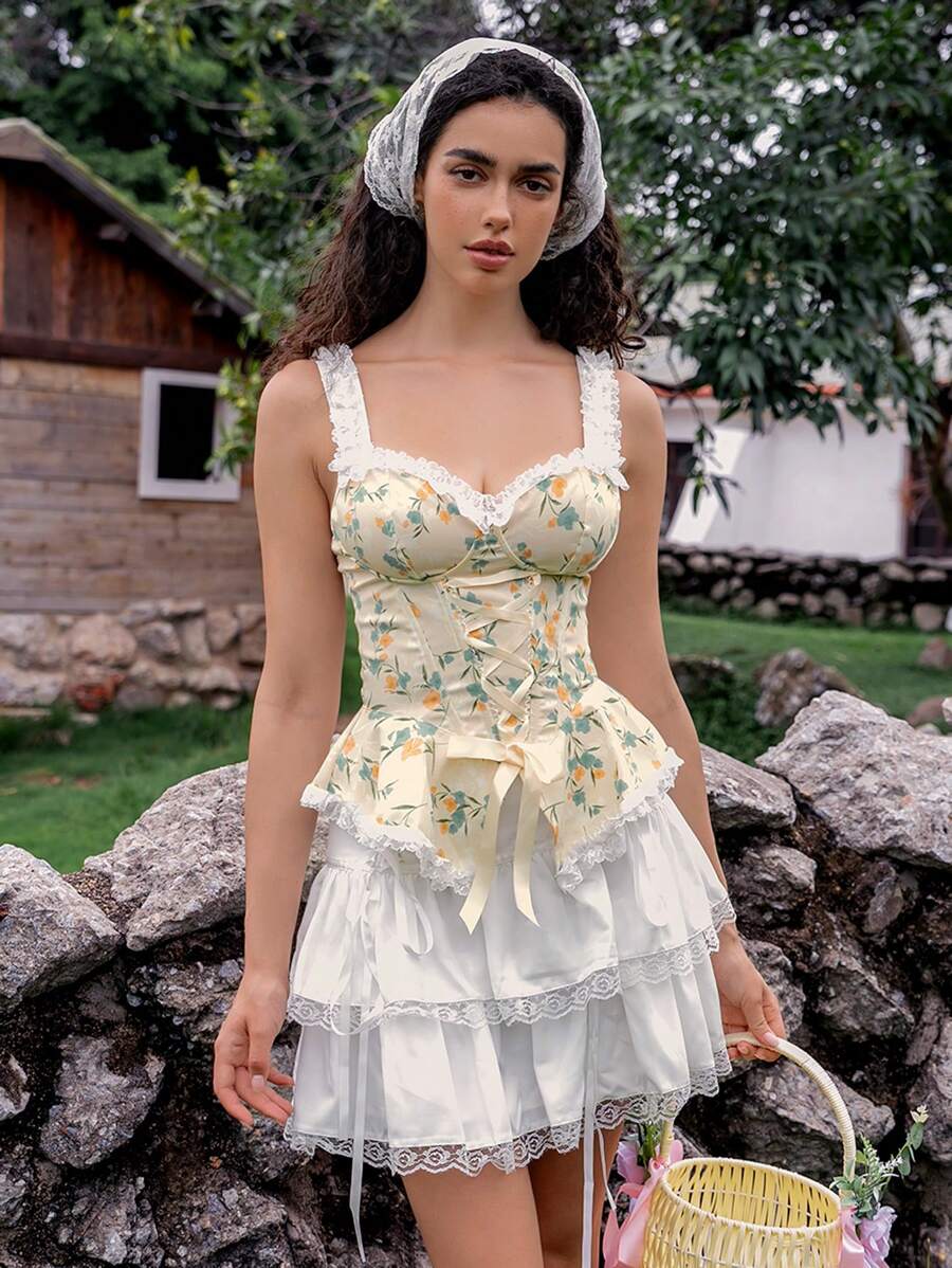 SHEIN 1pc Women Floral Print Ruffle Edge Tie Front Bodysuit - Multicolor - View 1