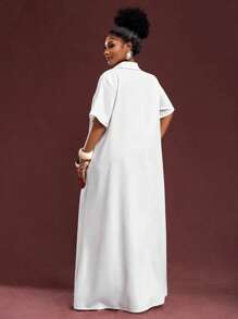 Slaydiva Đầm sơ mi tay ngắn dáng rộng cổ chữ V xếp ly màu trắng cỡ lớn, thích hợp cho mùa xuân/hè, đi làm và mặc thường ngày - Z - trắng - Xem 2