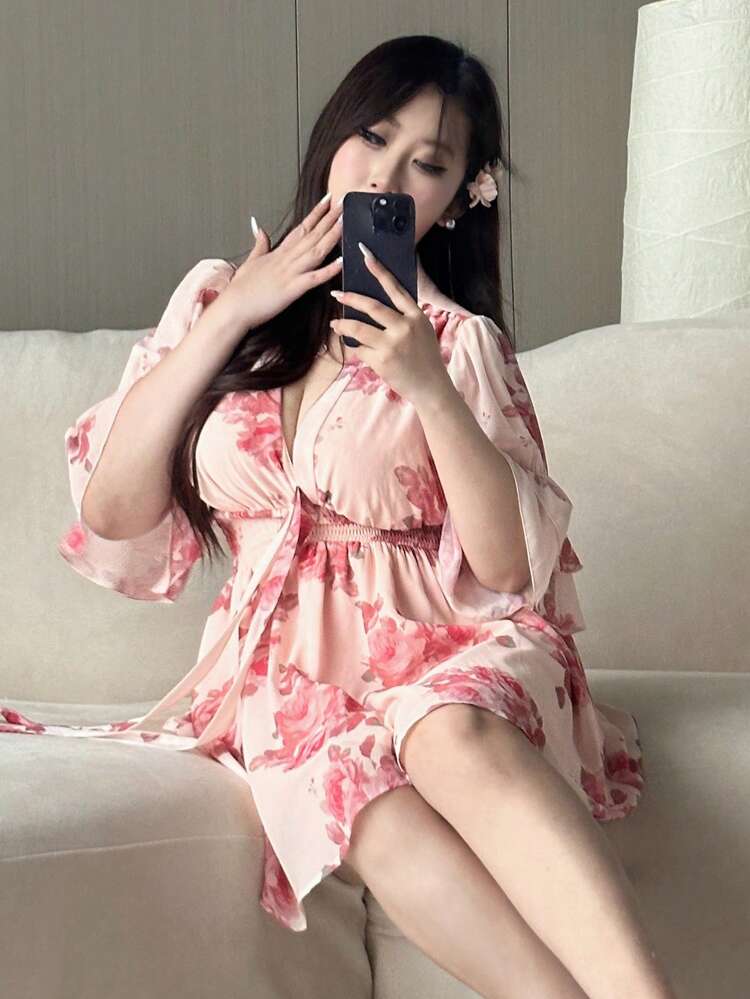 Dazy Plus Floral Print V-Neck Ruffle Sleeve Short Summer Vacation Dress Boho