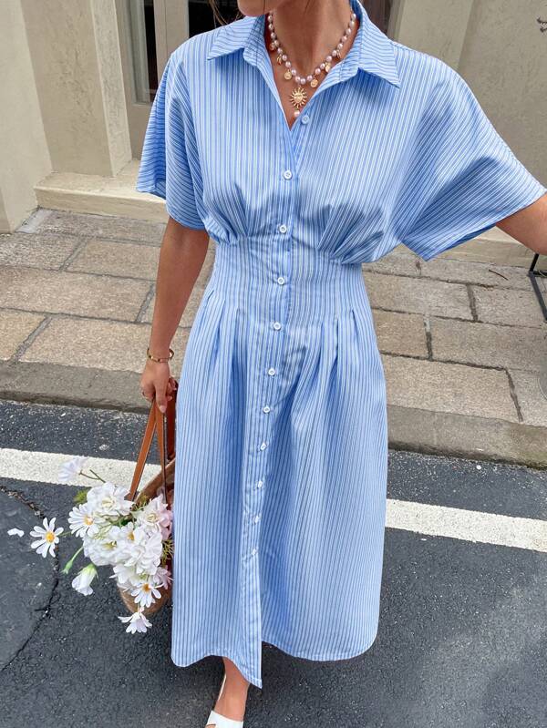 Serisse Robe mi-mollet à manches courtes avec taille cintrée, rayures bleu et blanc classiques pour femmes