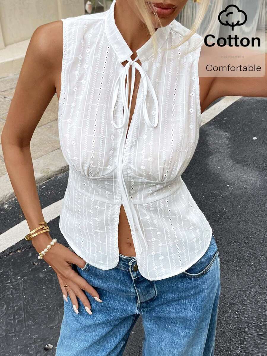 SHEIN Essnce Top estivo da donna con colletto alla coreana, senza maniche, in colore unito, con motivo ricamato e effetto bruciato - Bianco - Visualizzare 1
