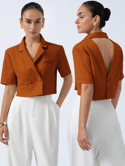 Aveloria Modichic New Fashionable Commuting Minimalist Chic & Sophisticated High-End Textured Fabric Blazer, Lapel Collar Cross-Back Design Fitted Short Sleeve Jacket For Women