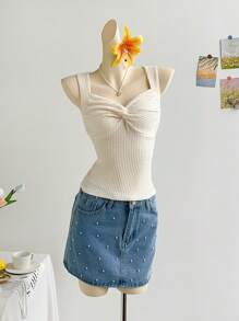 Soleia Áo kiểu nữ màu be, chất liệu gân nổi, dáng ôm, thắt eo, thích hợp cho tiệc tùng, hẹn hò, trà chiều, đi biển. - Màu be - Xem 3