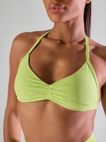 Musera Sport Solid Ruched Bust Open Back Halter Sports Bra , Active Comfy Workout Gym Outfit Running Run Club ,Padel, Tennis, Pickleball
