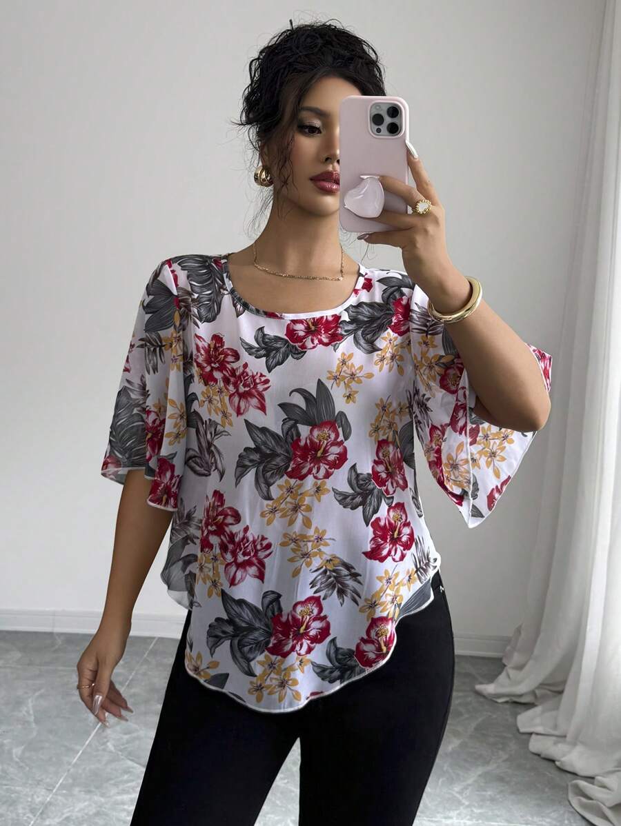 Elenzga Women's Floral Print Round Neck Frill Sleeve Fashion Shirt, Vacation Wear - Multicolor - View 1