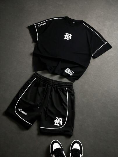 PAVTROS Manfinity Streetrush Men Letter Printed Short Sleeve Casual T-Shirt And Drawstring Waist Shorts Set , Men S Two Pieces Short Sets ,Summer