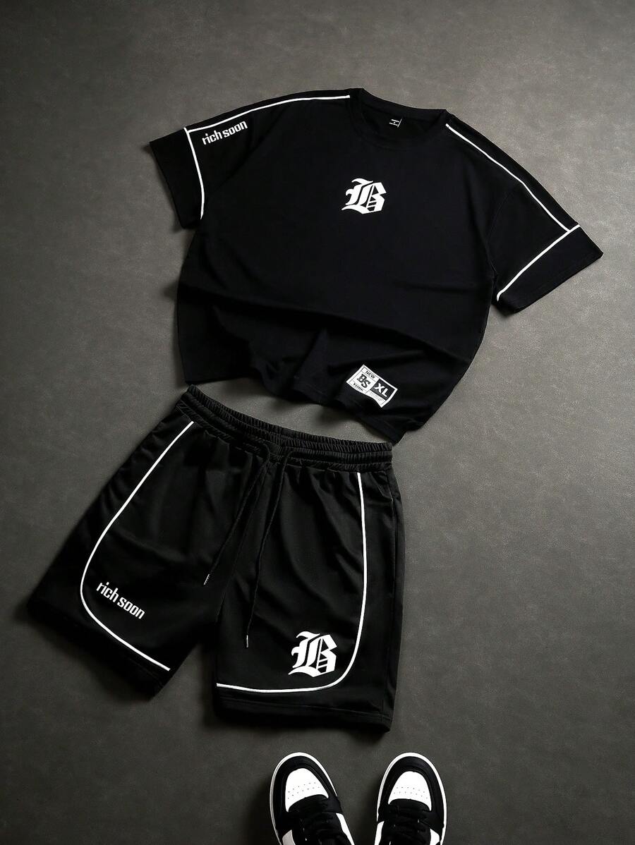 PAVTROS Manfinity Streetrush Men Letter Printed Short Sleeve Casual T-Shirt And Drawstring Waist Shorts Set , Men S Two Pieces Short Sets ,Summer - Multicolor - View 1