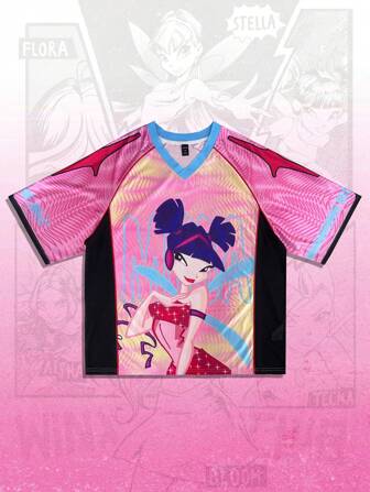 Winx Club X ROMWE Men's Anime Figure Graphic Color Block V Neck Short Sleeve Sports T-Shirt For Summer