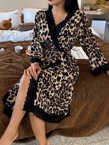 SHEIN Leopard Print Contrast Lace V-Neck Women's Robe, Fall, Winter - Multicolor - View 5