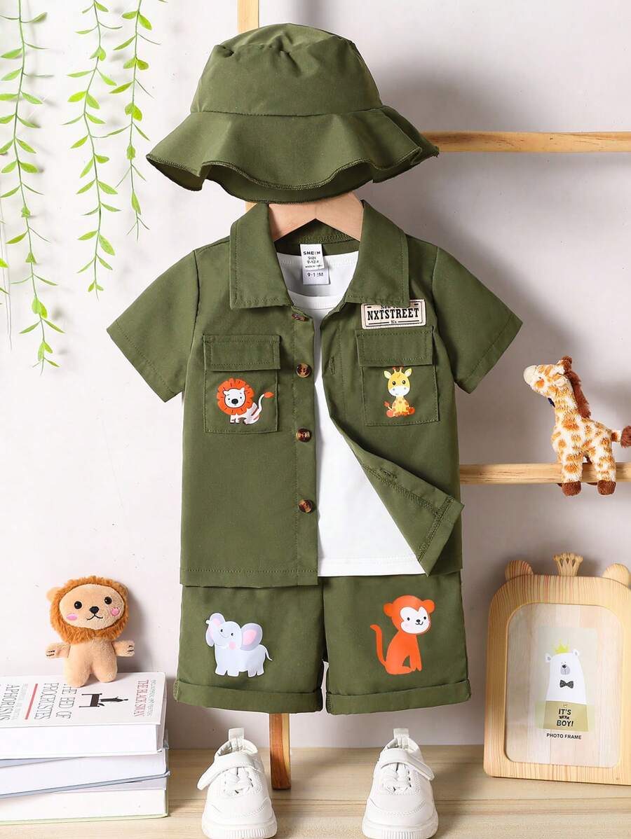 SHEIN 婴幼儿男孩可爱丛林动物印花连帽休闲连体衣，适合日常穿着、郊游、聚会、度假、春夏季 - 軍綠色 - 查看 1