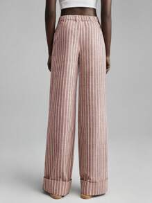 Ontre 2025 新款亚麻混纺休闲裤，复古风格，条纹面料，松紧腰带，真口袋，女式全长裤，卷边裤脚，适合日常穿着，秋季，商务休闲 - 紅色 - 查看 8