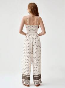 Florisole Khaki Printed Fashionable Vacation Drawstring Jumpsuit For Women - Apricot - View 3