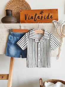 SHEIN Baby Boy Summer Polo Collar Short Sleeve Stripe Shirt Paired With Fashionable Denim Shorts Set, Suitable For Outings And Vacations - Multicolor - View 4
