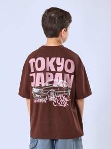 SUMWON 日式街头赛车俱乐部 T 恤夏季经典汽车图案设计圆领青年男童休闲棉质上衣 - 咖啡棕 - 查看 2