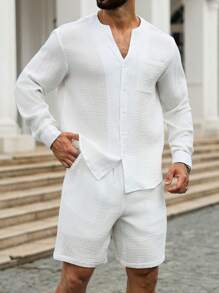 Manfinity Homme 男士纯棉长袖衬衫和短裤套装 - 白色 - 查看 4