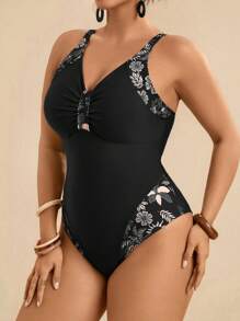 Travachic 大码女式连体热带花卉印花 V 领性感沙滩泳衣，休闲夏季 - 黑色 - 查看 6