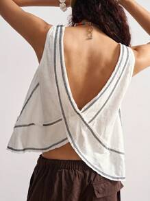 Bohemela Women V-Neck Asymmetrical Hem Solid Color Knit Backless Tank Top