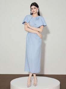 Modelyn Women's Solid Color 3D Floral Decor Elegant Mid-Length Dress Blue - Blue - View 6