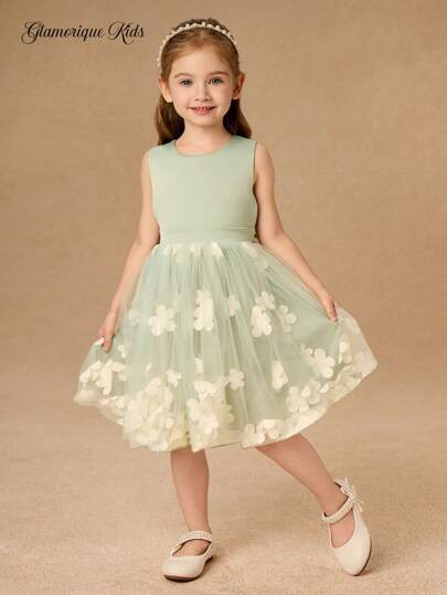 SHEIN Glamorique Kids Vestido de Princesa Sem Mangas de Cetim para Meninas, Vestido Formal de Dama de Honra para Festa de Aniversário de Casamento, Cor Verde-Ervilha com Saia de Tule 3D, Fechamento com Laço Traseiro, Adequado para Oriente Médio e Europa/América