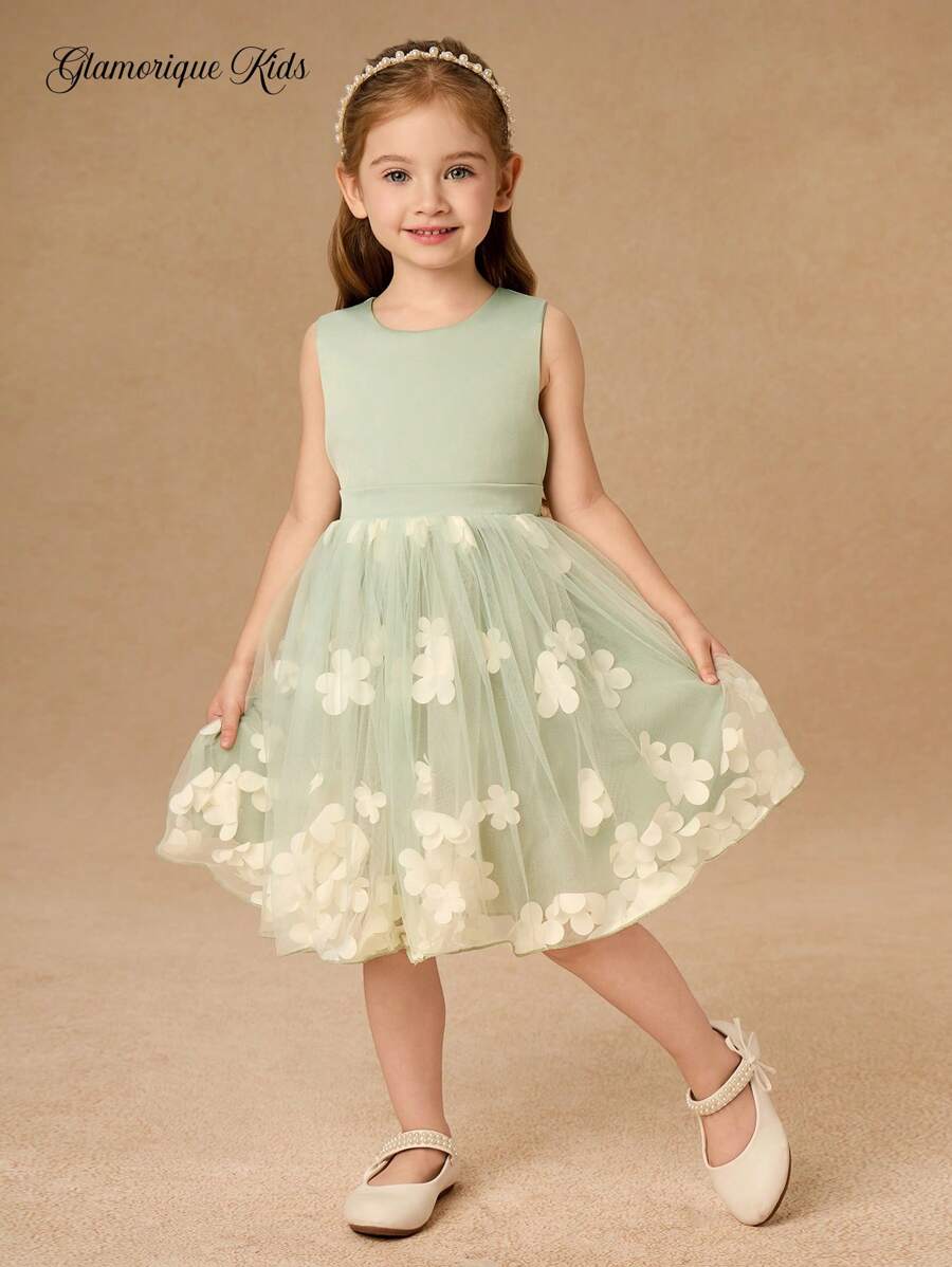 SHEIN Glamorique Kids 女童公主裙 花童生日派对婚礼节日礼服 缎面质感面料 无袖豆绿色下摆 立体花朵网纱连衣裙 欧美邮运幸运蝴蝶结肩带 复活节 夏季 优雅派对 - 薄荷綠 - 查看 1