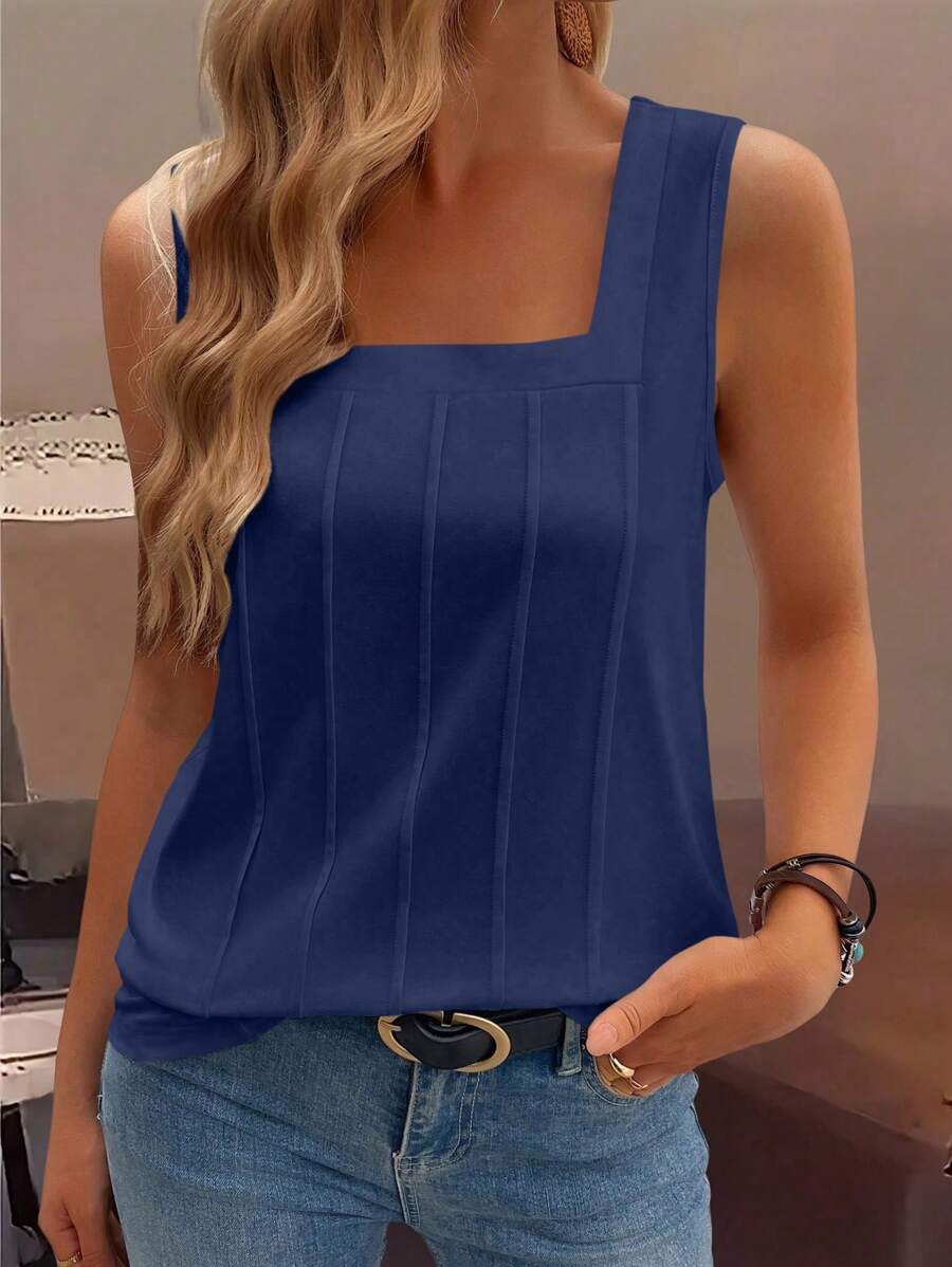 SHEIN LUNE 夏季新款无袖宽肩带方领宽松女士背心 - 藏蓝色 - 查看 1
