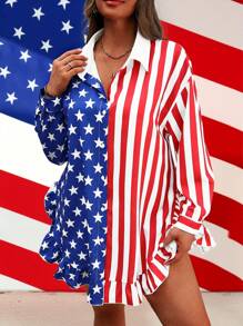 SHEIN LUNE Plus Size Women Independence Day American Flag Digital Print Ruffle Collar Button Loose Blouse - Multicolor - View 3