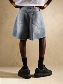SUMWON Pantaloni scurți din denim cu croi larg, stil vintage, stil festival, croială lejeră, tiv brut, croială scurtă