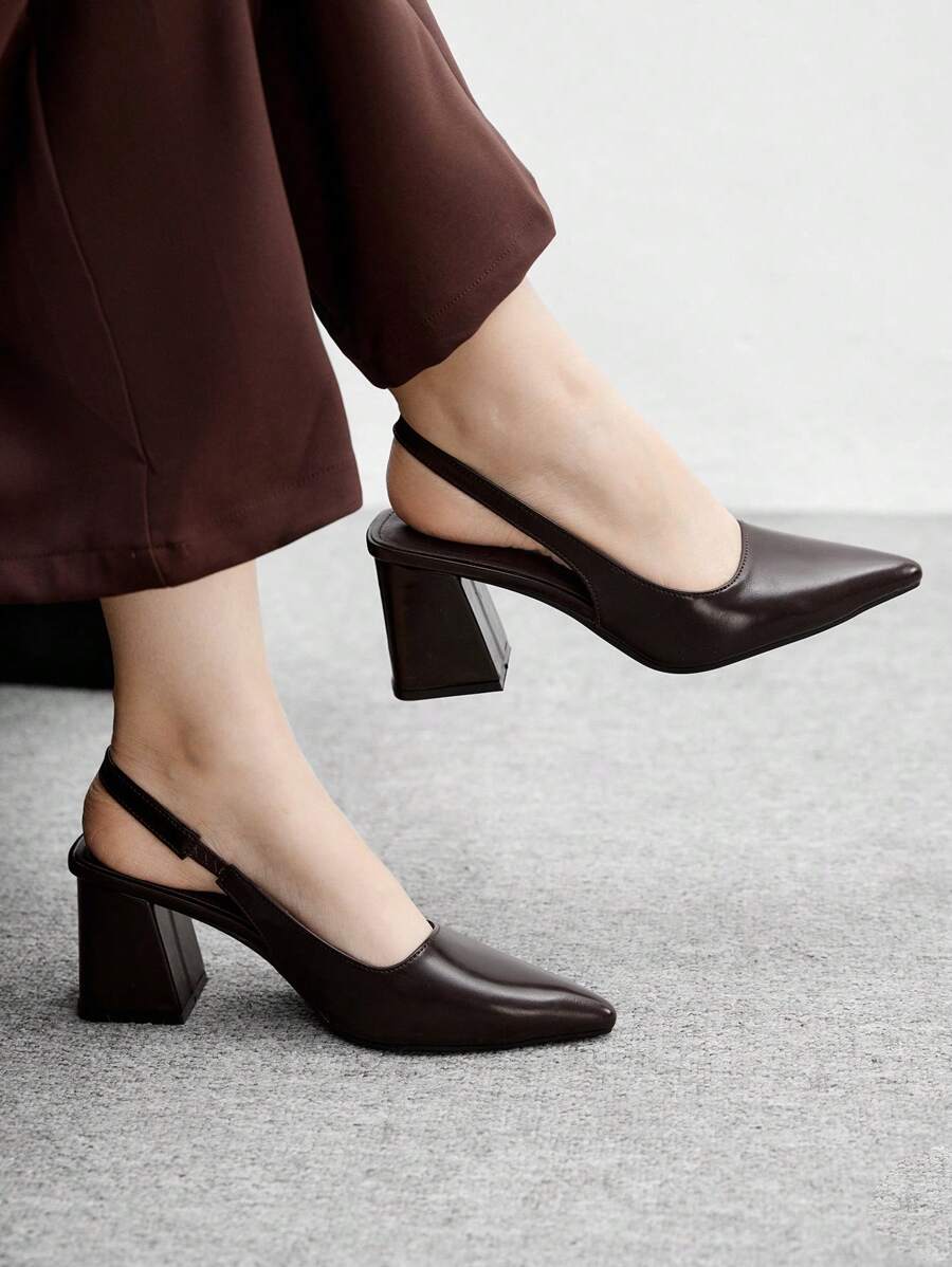 CUCCOO BIZCHIC Women's Fashion Coffee Brown Open Back Thick Heel Pointed Toe PU Leather Casual Slip-On Pumps, Suitable For Commute, Dating, Party, Vacation For Christmas - Coffee Brown - View 1