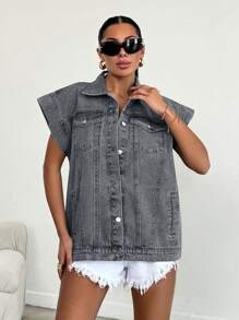 SHEIN Cottnline 100%Cotton Elastic Band Detailed, Rigid Vest - Light Grey - View 4
