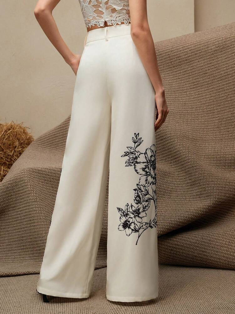 Women's Casual Floral Print Woven Fabric Wide Leg Pants Apricot Long Length Zipper Detail