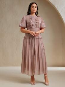 Anewsta Vestido largo con volantes para mujer de talla grande, vestido elegante y versátil de estilo de verano - Rojo violeta - Ver 6