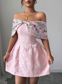 Elenzga Spring/Summer Off Shoulder Pink Butterfly Embroidered Lace Dress