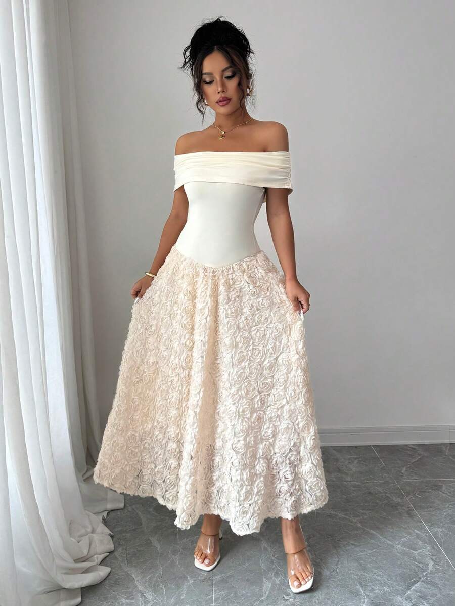 Elenzga Vestido midi elegante de alta gama de línea A con hombro asimétrico elástico de punto, cintura asimétrica, aplicación de flor de rosa 3D y bajo acampanado, adecuado para fiesta, festival, vacaciones, en color crema francés albaricoque - Albaricoque - Ver 1