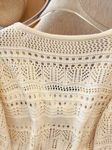 Franclia Áo len cardigan ren nhẹ đan móc rỗng màu trơn mới cho nữ, áo choàng đa năng - Màu be - Xem 4