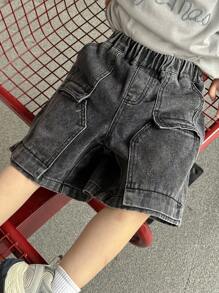 Dazy Kids 小男孩松紧腰口袋宽松休闲牛仔短裤，秋装 - 灰色 - 查看 7