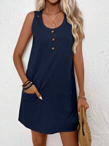 EMERY ROSE Women's Solid Color Button Pocket Casual Sleeveless Dress, Summer - Navy Blue - View 5