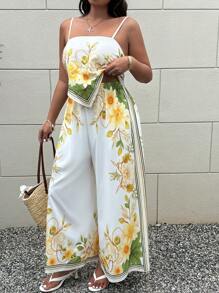 Sunnyshic 全新夏季优雅波西米亚风度假花卉印花吊带仿两件套上衣配围巾和高腰阔腿连体裤，修身伞状下摆长裤，度假波西米亚风连体裤 - 彩色 - 查看 6