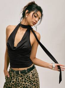 Easelle 女式复古性感黑色辣妹 Y2K 修身露背上衣，适合外出穿着 - 深灰色 - 查看 1