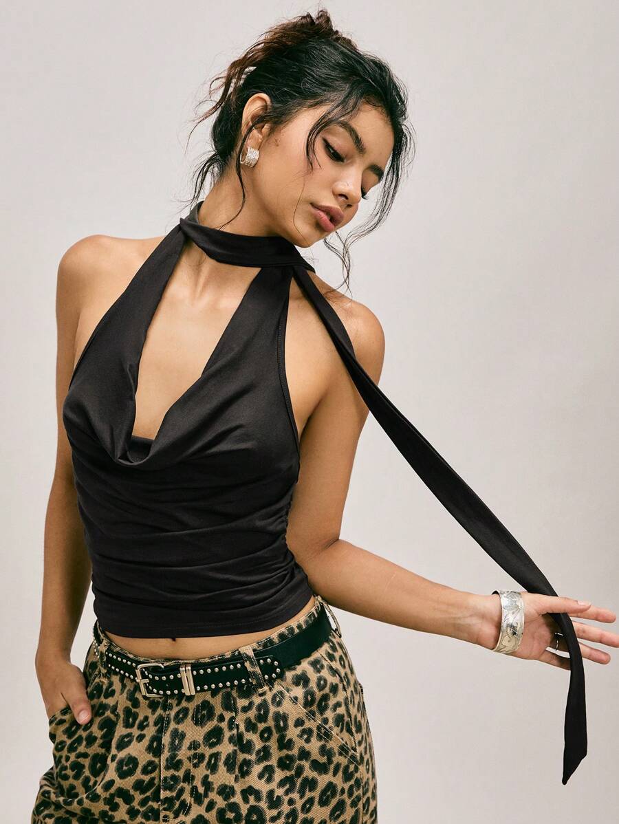 Easelle 女式复古性感黑色辣妹 Y2K 修身露背上衣，适合外出穿着 - 深灰色 - 查看 1