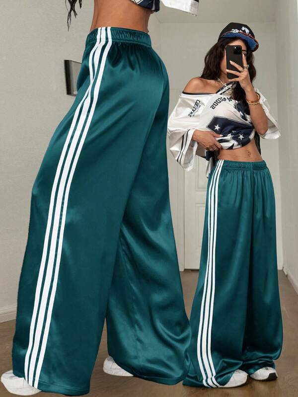 Coolane Women's Spring Summer Y2K Streetwear Date Night Contrast Color Ribbon Striped Leather Sports Trousers,Cargo Pants
