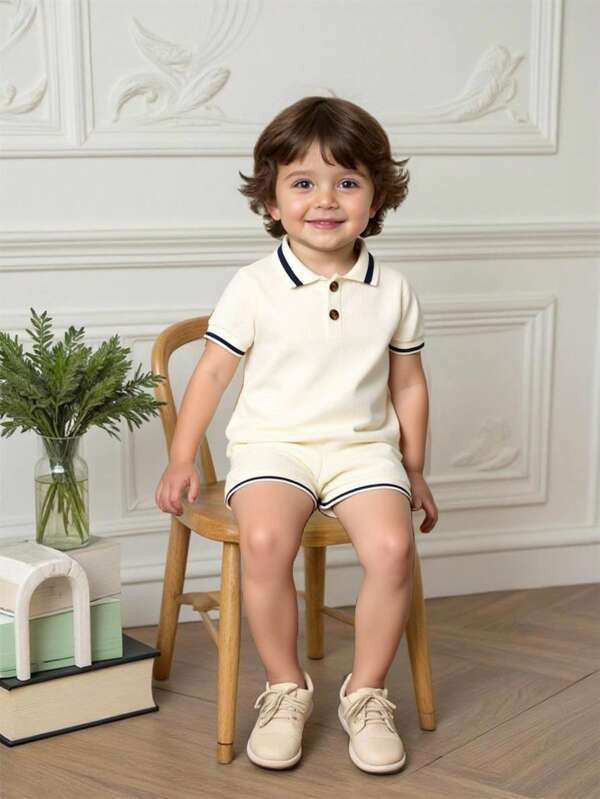 Souflis Souflis 2 piezas Conjunto de verano para niño, que presenta un conjunto minimalista de color albaricoque suave, incluye una camisa polo de manga corta con cuello refinada a juego con shorts a conjunto, ropa de niño para bebés y niños pequeños en verano